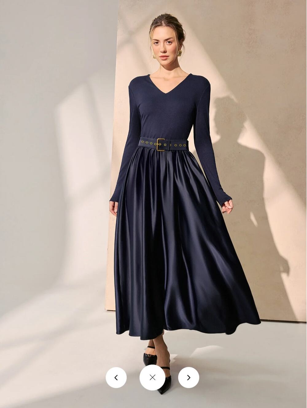 NWT Commense Belted Satin Panel V-Neck Long Sleeve Maxi Dress Sz S